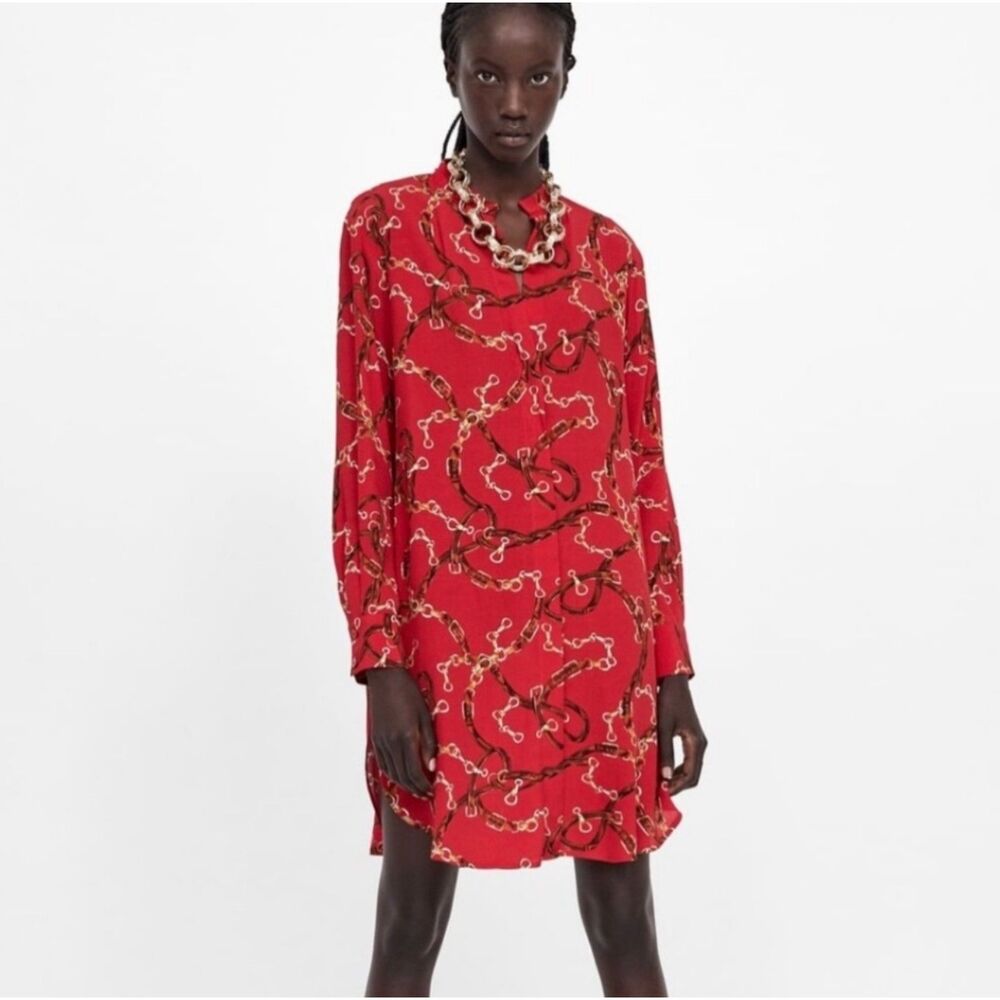 ZARA Red Chain Equestrian Print Shirt Dress, Sz XS
